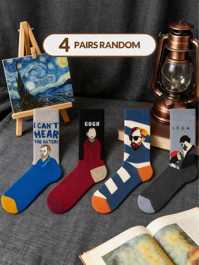 4 Pairs Vintage Portrait Painting Street Style Mid-Calf Socks, Retro Vibe Socks For Men, Artistic Classic Movie Theme Socks, Unique Design Must-Have