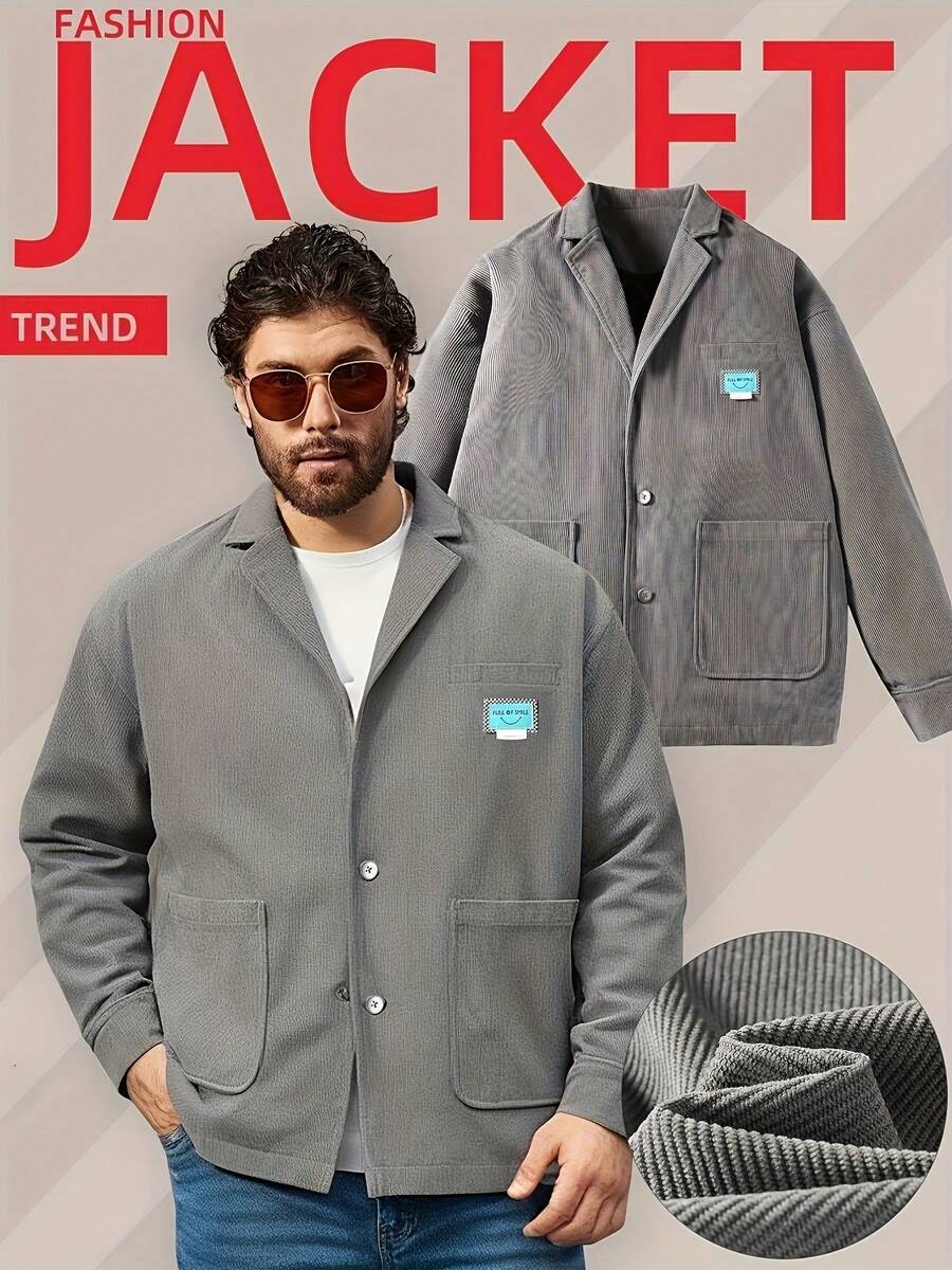 Men's Retro Suit Collar Work Jacket, Autumn Casual Loose Texture Lapel Jacket, A Versatile Top For Daily Commuting - Xám - Xem 1