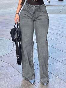Women's Casual Loose Y2k Women's Clothing, Loose Mid Waist Straight Leg Jeans, Loose Women's Clothing, Autumn And Winter Women's Clothing, Comfortable Women's Autumn And Winter Clothing - Xám - Xem 1