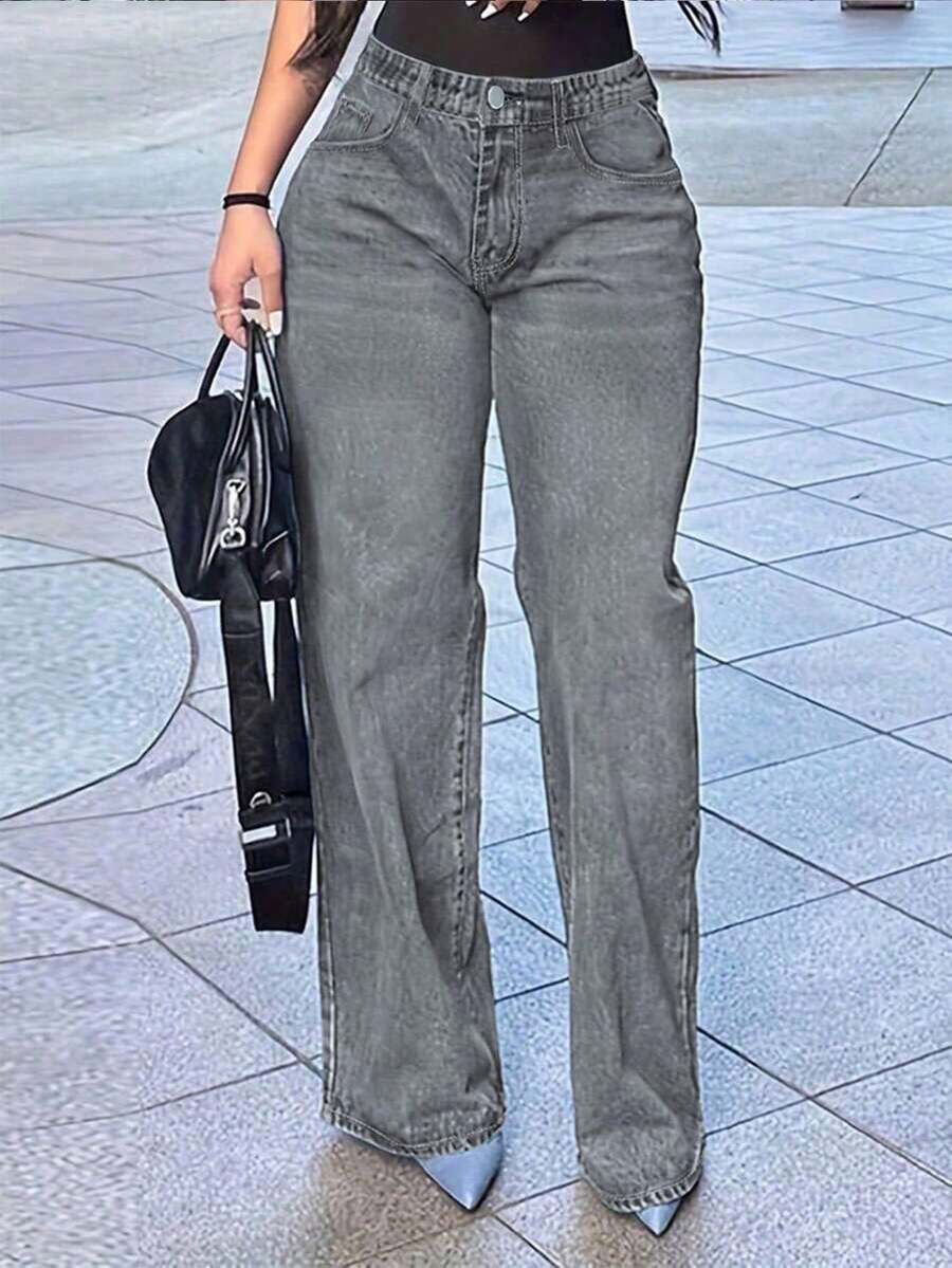 Women's Casual Loose Y2k Women's Clothing, Loose Mid Waist Straight Leg Jeans, Loose Women's Clothing, Autumn And Winter Women's Clothing, Comfortable Women's Autumn And Winter Clothing - Xám - Xem 1