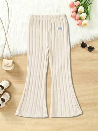 Girls' Ribbed Flare Pants, Casual & Comfortable Knit Trousers, Versatile For Spring & Autumn