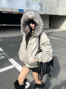 New For 2026: Hooded, Fur-Collared, Padded Coat For Couples, Unisex, Tie-Dye, Thick, Warm Outerwear, Cold Weather, Versatile, Cotton Jacket, Unisex Down Jacket, Plain, Casual, Fuzzy, Zipper, Pockets, Perfect For Everyday Wear - Light Grey - View 14