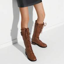 Women's Knee High Riding Combat Boots Side Zipper Motorcycle Boots Outdoor Casual For Fall And Winter - 淺棕色 - 查看 7