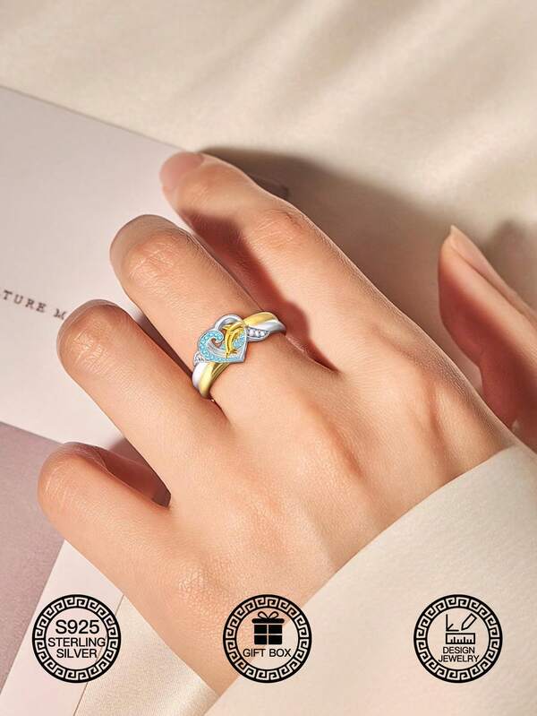 1 pieza Anillo de plata de ley S925 con ola en forma de corazón y delfín, símbolo del amor de madre, con circonita cúbica sintética, hipoalergénico, adecuado como regalo para el Día de San Valentín y el Día de la Madre, decoración diaria para mujeres, incluye caja de regalo