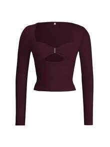 Vaiaye 女士春夏镂空性感修身圆领长袖针织上衣，女士健身服，2026 嘉年华系列，适合日常穿着和通勤。 - 紫紅色 - 查看 3