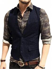 Men's Suit Vest With V-Neck - Grey - View 12
