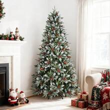 5 Ft Prelit Snow Flocked Christmas Tree With 250 Warm LED Lights, Premium Holiday Artificial Xmas Tree With 518 Realistic Branch Tips, Metal Stand For Indoor Home/Office Decor (Easy Assembly)-HOME - 未點亮的漿果樹 - 查看 1
