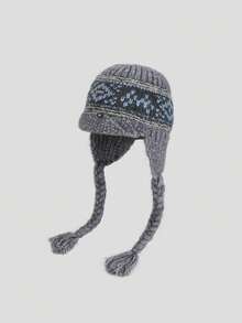 1 pieza Sombrero de piloto/cubo de mujer de punto jacquard bohemio con hilo grueso trenzado, orejeras acogedoras, de moda y versátil, casual y retro para otoño/invierno