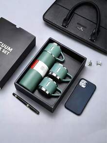 1 zestaw kubków termicznych z niestandardowym projektem, przenośny kubek ręczny z 1 kubkiem i 3 pokrywkami, pudełko prezentowe ze stali nierdzewnej, 500 ml przenośny kubek podróżny ze stali nierdzewnej 304 z 3 pokrywkami, niestandardowy ekskluzywny zestaw pudełek prezentowych, kalendarz świąteczny