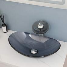 Bathroom Vessel Sink Oval Glass Vessel Sink With Waterfall Faucet Tap Tempered Glass Bathroom Sinks Above Counter Basin - Grey - View 7