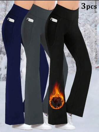 3 Packs High-Waisted Fleece Flare Leggings For Women – Autumn/Winter Sports Yoga Pants With Pockets, Slim Fit And Warm Design Tights
