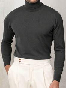 男士纯色休闲高领毛衣，适合秋冬季节穿着，长袖上衣 - 深灰色 - 查看 6