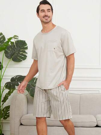 2pcs Men's Breathable Moisture-Wicking Short Sleeve Shorts Pajama Set, Summer