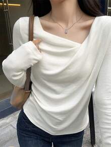 韩版柔软羊绒长袖T恤女不对称扭褶设计修身秋季