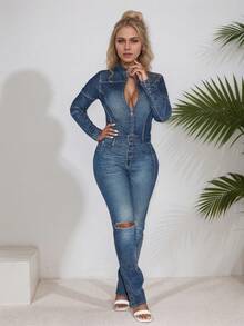 2025 Women's European And American Women's New Style Washed Water Burnt Flower Western Elastic Casual Cowboy Set - 藍色 - 查看 2