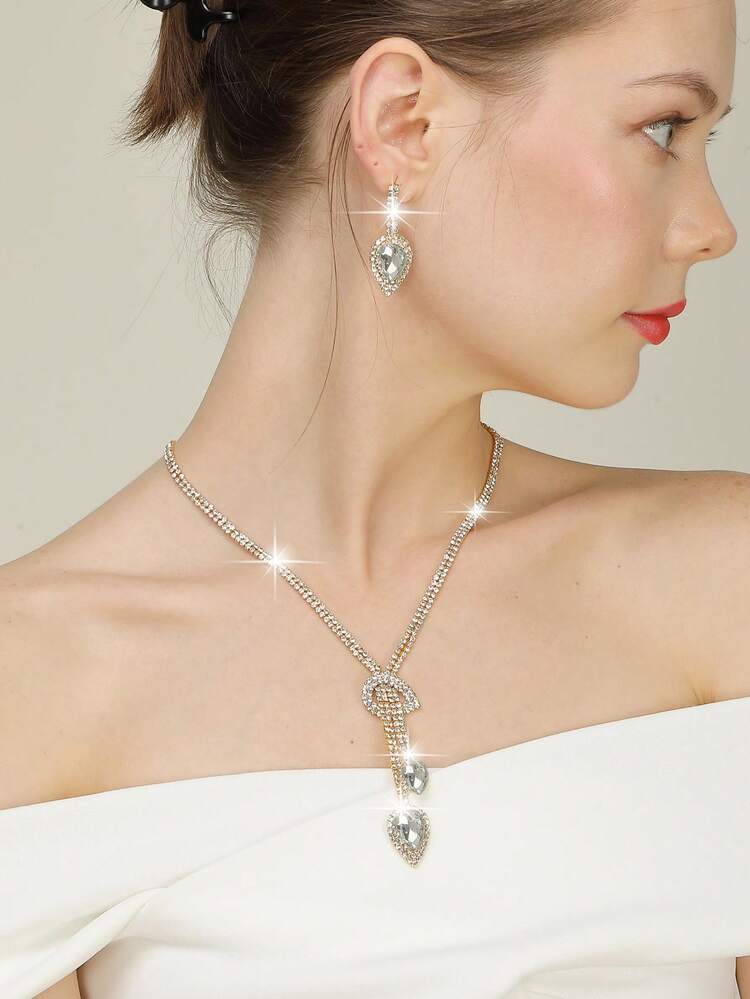 Conjunto de joyas de strass que incluye collar, aretes y pulsera, combinado con un bolso de embrague de cristal de lujo con destellos, adecuado para fiestas, bodas románticas, bolsos de hombro de primavera/verano, bolsos de novia y galas formales - Dorado - Añade 12