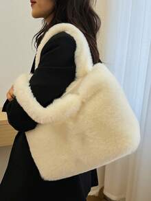 New Fluffy Handbag, Fashion Large Capacity Versatile Shoulder Tote Bag, Soft & Cute Large Capacity Shoulder Bag, Furry Bag , Cute - Beige - View 4