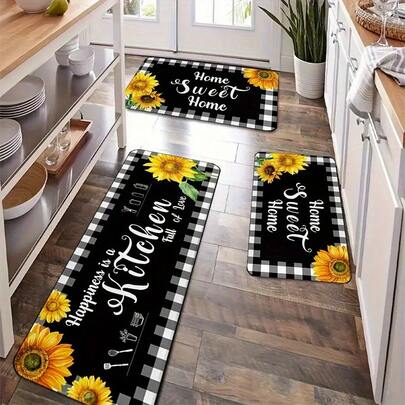 1/2/3pcs Sunflower Kitchen Set, Farmhouse And Country Style Sunflower Decorative, Non-Slip, Washable, Plaid And Pleated Pattern, Rectangular, Suitable Home Kitchen DecorationArea Sets