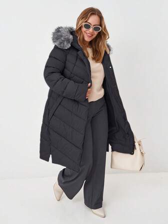Astrid Plus Size Casual Solid Color Patchwork Faux Fur Hooded Long Padded Coat, Winter