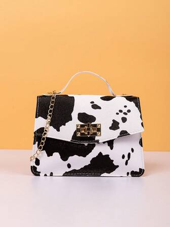 Bolso de mano de mujer con estampado de vaca, bolso cuadrado pequeño con cierre cruzado estampado