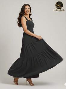 Women's Plus Size Long Dress, Three Marias Style, Elegant Evangelical Fashion, Party Dress, Sleeveless, Strapless, Ruffled, Dune - 黑色 - 查看 4
