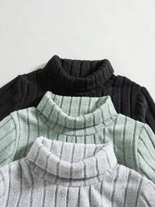 3pcs/Set Boys' Casual Solid Color Turtleneck Long Sleeve Tops, Regular Fit, Spring & Autumn - Mint Green - View 3
