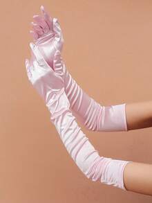 1 Pair Black Satin Long Gloves For Women, Elegant For Evening Party, Wedding, Festival Outfit Matching - 粉色 - 查看 1