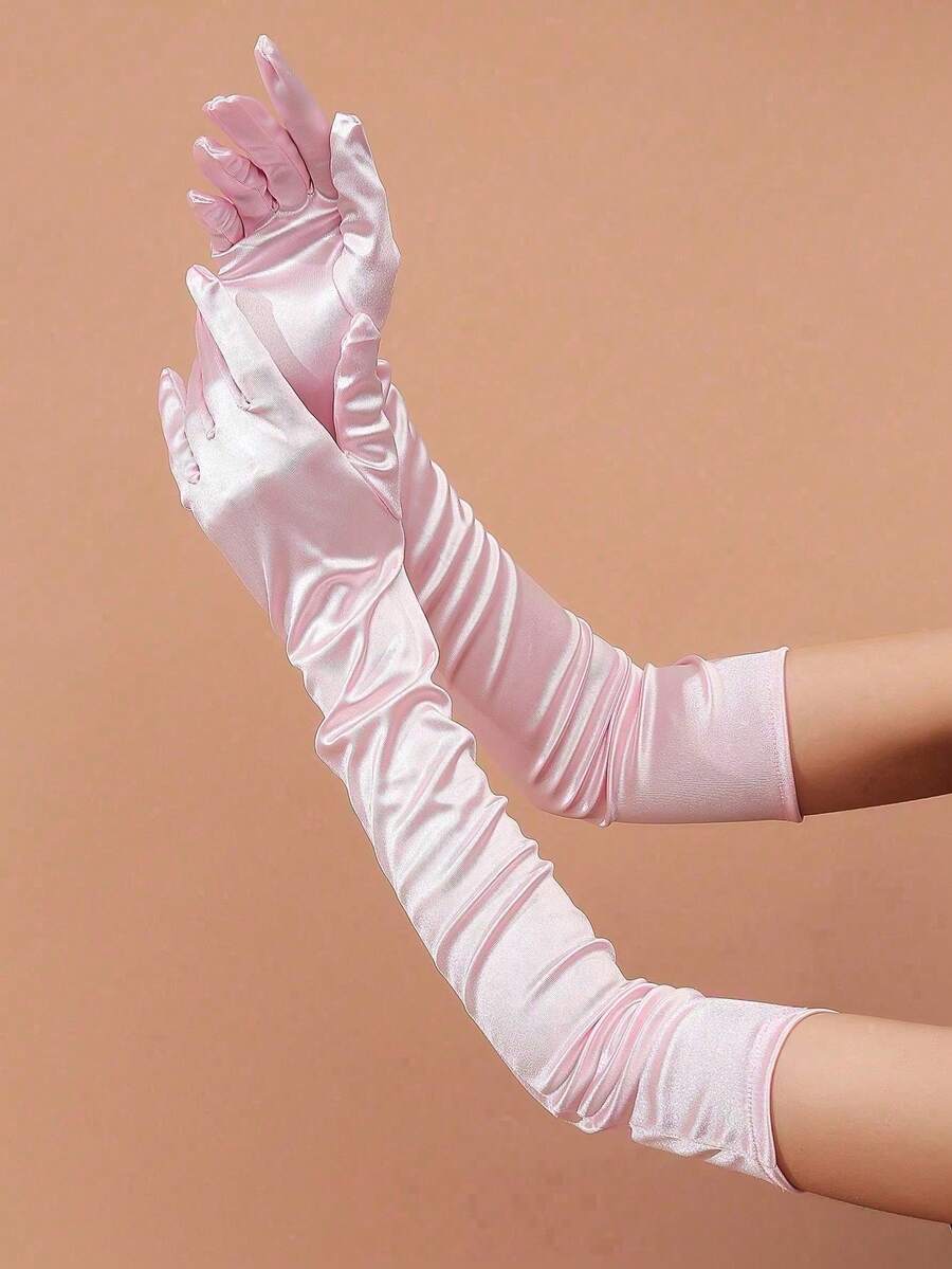 1 Pair Black Satin Long Gloves For Women, Elegant For Evening Party, Wedding, Festival Outfit Matching - 粉色 - 查看 1