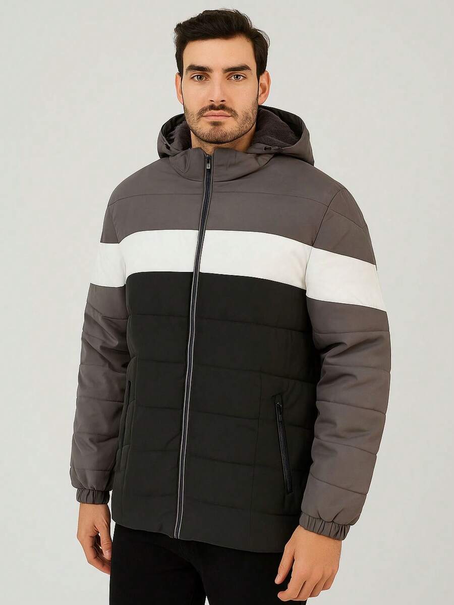 Bobojaco Windbreaker Jacket Striped Two-Tone Lined Waterproof With Removable Cap Winter Spring / Autumn Regular Fit Drawstring Pocket Zipper - Black - View 1