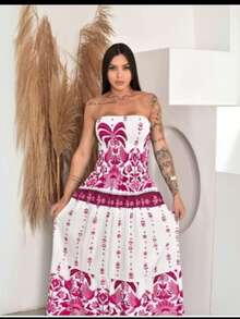 PRINTED STRAP-OFF DRESS - 粉紅色配白色 - 查看 1