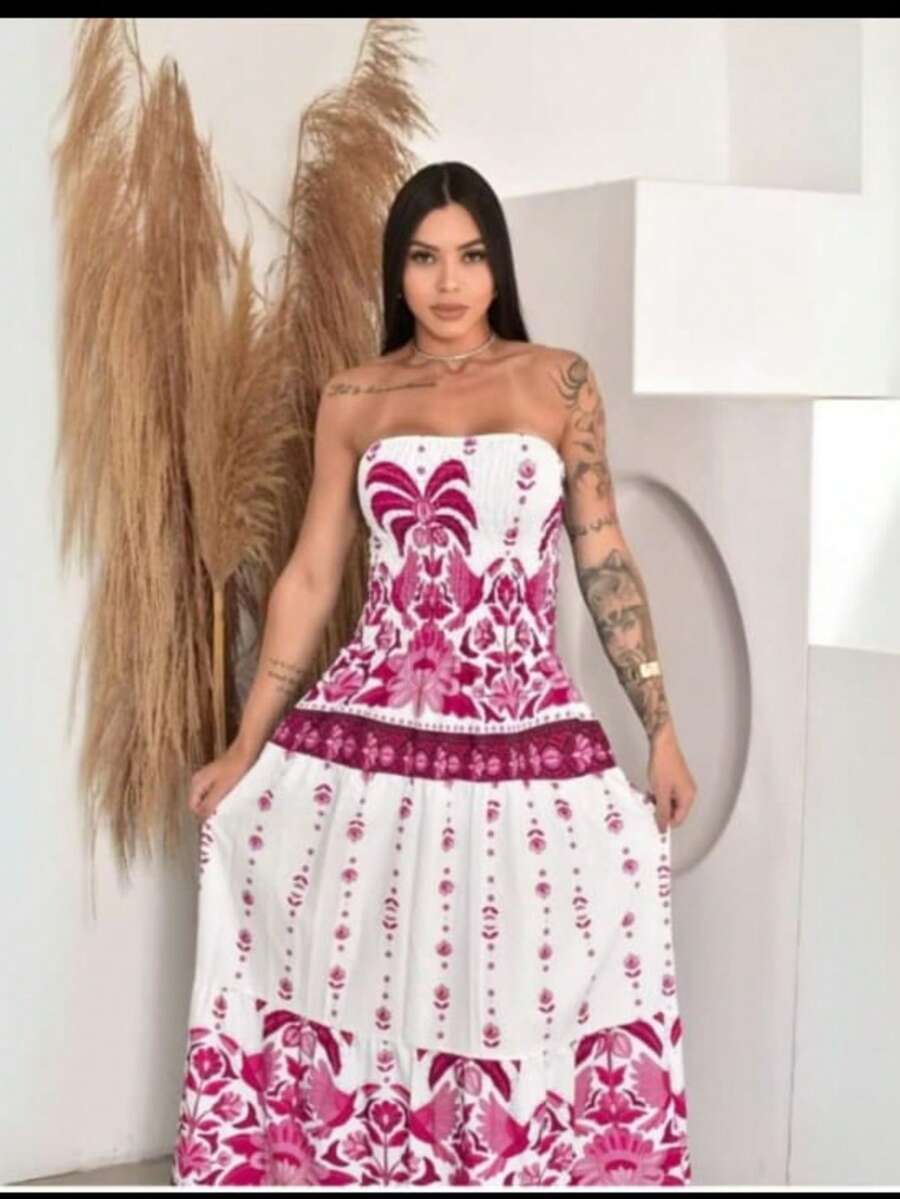 PRINTED STRAP-OFF DRESS - 粉紅色配白色 - 查看 1