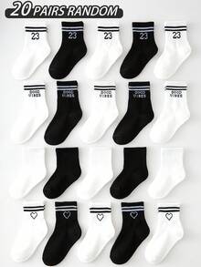 20/10/5/1 Paia di calzini sportivi per bambini, calzini classici in bianco e nero per bambini con cuori, motivi con numeri in inglese, morbidi, traspiranti, alla moda, calzini a metà polpaccio, adatti per il ritorno a scuola, vacanze, sport all'aperto, viaggi, abbinamento quotidiano, consegna a colori casuali - Multicolore - Visualizzare 13
