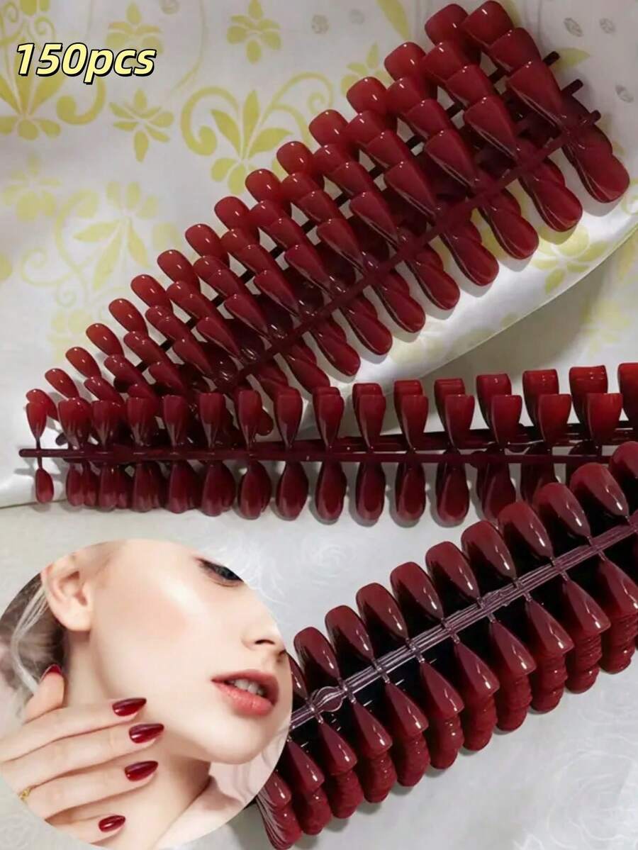 150片酒红色优雅短杏仁形假指甲，易卸除可重复使用，适合女性和女孩日常佩戴，也适用于万圣节、圣诞节、新年、情人节、复活节、母亲节等节日美甲用品。