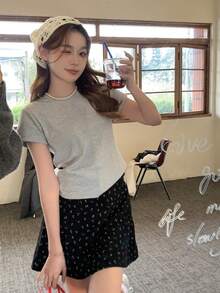 复古华夫格纹高腰碎花半身裙，秋季女装 - 黑色 - 查看 6