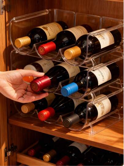 1pc No-Drill Plastic Transparent Wine Rack, Stackable Cup/Bottle Holder For Bar, Tabletop, Refrigerator, Home, Kitchen, Living Room