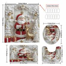 1/3/4pcs Merry Christmas Winter Decorations Shower Curtain Set Santa Tree Ball Faux 3D Cute Red Golden White Shower Curtain Bathroom Set, Minimalist Cartoon Waterproof And Wear-Resistant Accessories,With 12 Hooks - Includes Toilet Seat Cover, Bath Mats, And Rugs - Non-Slip Polyester Fabric - Washable - Perfect For Holiday Decor,Home/Bedroom/House/Western Decor