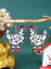 1 Pair Of Shiny Christmas Acrylic Earrings With Hats And Socks In The Shape Of Roosters, Suitable For Women As Holiday Jewelry Gifts