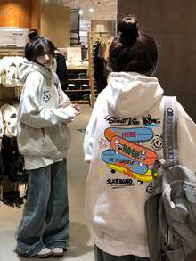 宽松休闲百搭字母和滑板图案女式卫衣 - 淺灰色 - 查看 1