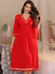 1件女士圣诞风格真丝长袍，复古蕾丝拼接，柔软宫廷风睡裙，四季皆宜，秋冬季节亦可穿着，宽松睡裙 - 紅色 - 查看 5