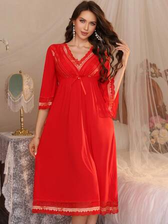 1 pieza Bata larga de seda con estilo navideño para mujer, con parches de encaje vintage, camisón de estilo palaciego suave para todas las estaciones, otoño/invierno, Camisón tipo "Moo Moo"