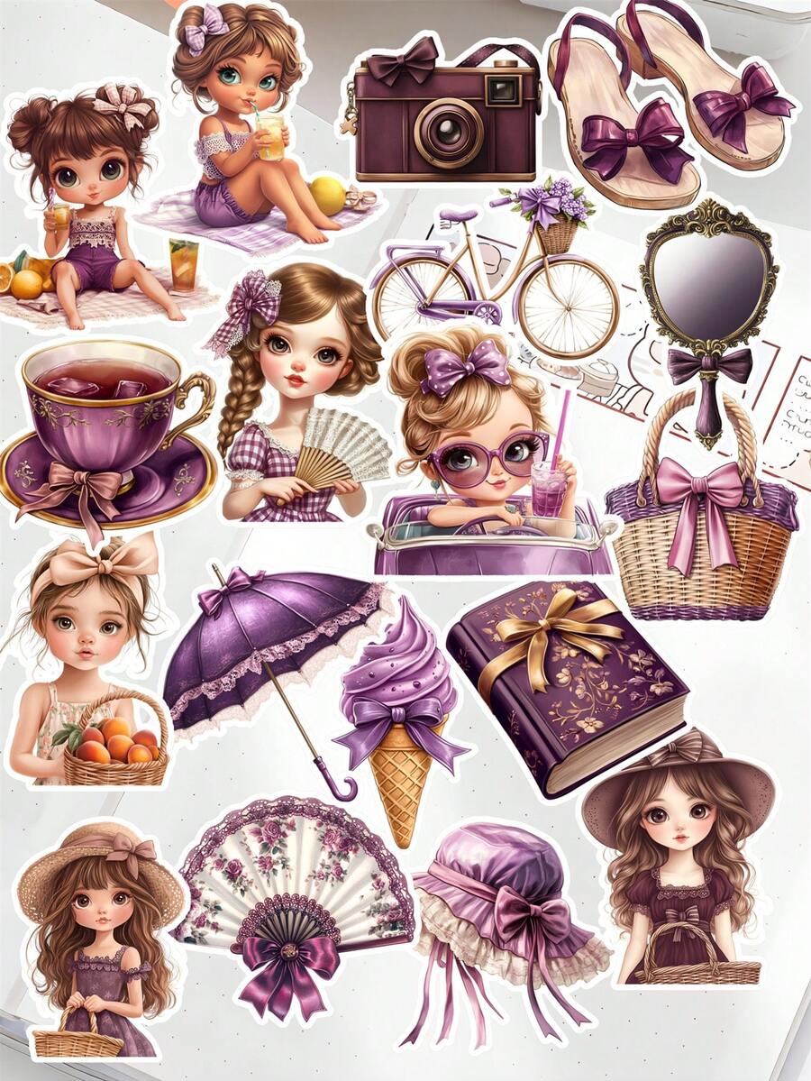 20pcs/Set Hand-Painted Cartoon Cute Deep Purple Vineyard Picking Girl Stickers Scrapbooking Craft Diary Album Phone Computer Seal Decorative Suitable For Newspaper Cutting, Journaling, Laptops, And DIY Crafts - Multicolor - View 1