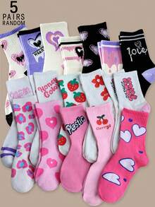 5雙隨機粉色時尚女大學風舒適透氣中筒襪，印有英式心形和草莓圖案 - 彩色 - 查看 1