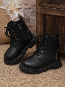 黑色真皮儿童靴一双，系带设计，侧拉链，皮带和金属扣设计，圆头，柔软平底防滑舒适可爱中筒靴，适合3-12岁男孩女孩，秋冬新款 - 黑色 - 查看 6