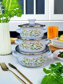 3pcs/Set Portable Multi-Function Mini Enamel Pot Set, Capacity 12cm/14cm/16cm, Non-Stick Cooking Pot, Suitable For Gas And Induction Cooktop, Kitchen Cookware, Outdoor Camping