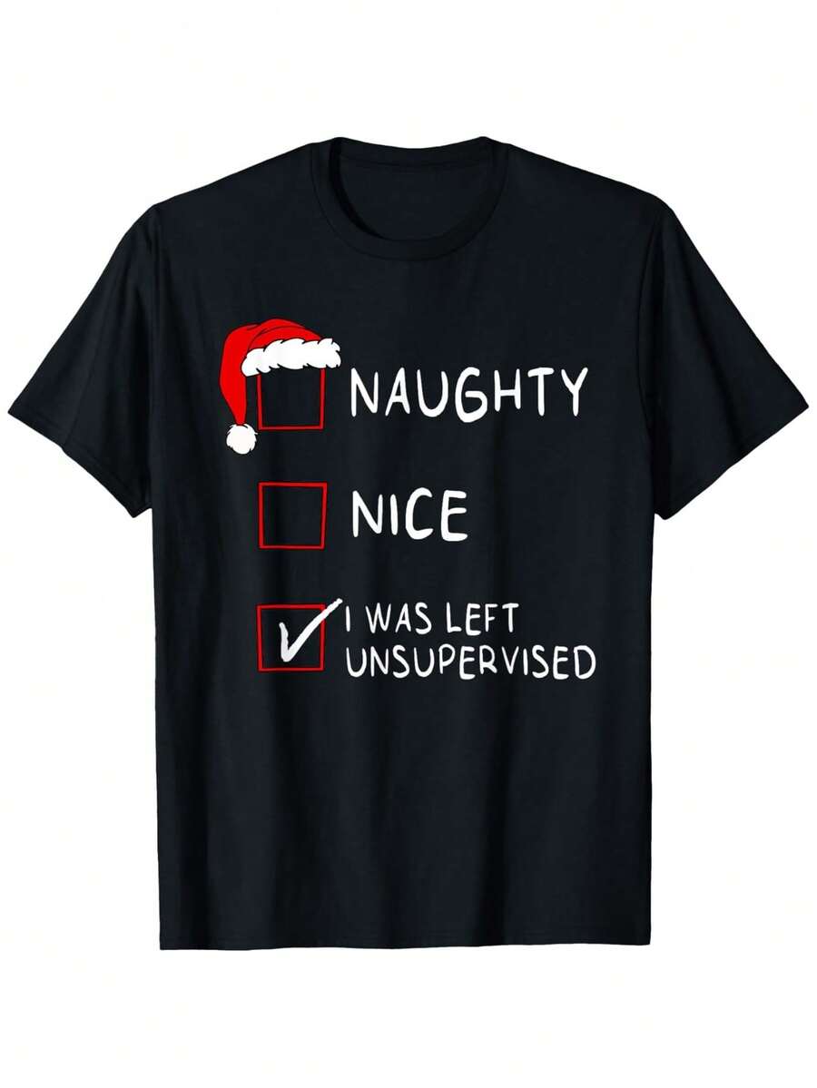 Funny Christmas Naughty List Santa Hat Graphic T-Shirt - Naughty Nice I Was Left Unsupervised Saying - Black With Red Checkmarks - Lightweight All-Season Casual Tee For Men & Women - Holiday Party, Office, Casual Attire - Easy-Care Digital Print - F Faith Based Mens Graphic Tee Inappropriate T Shirt Men Gamer T Shirts For Men Halloween Skull Shirt Men AI Generated Design T Shirt - 黑色 1 - 查看 1