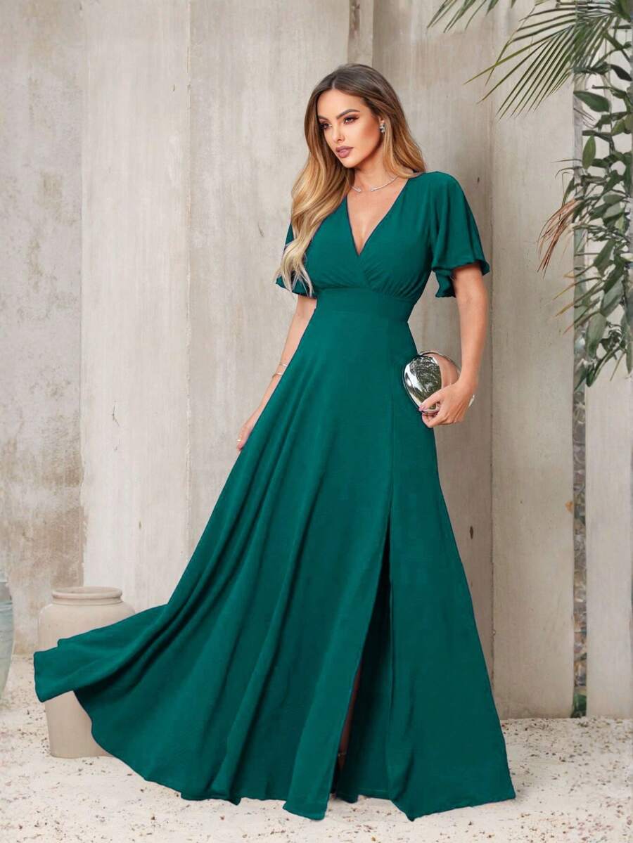 Luiza Long Dress With Short Sleeves And Slit Skirt, V-Neck Wrap Party Dress, Bridesmaid Dress, NM Nana Marie - 翡翠綠 - 查看 1