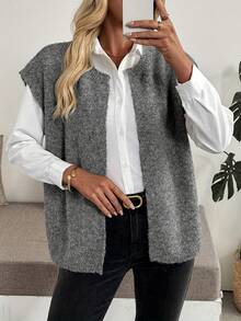 女士休闲宽松纯色毛绒无袖开衫针织衫，秋冬款 - 灰色 - 查看 3