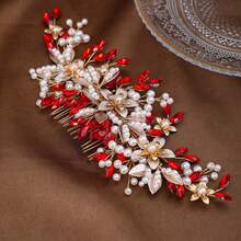 Rhinestone Pearl Hair Comb - Gold Red - View 4