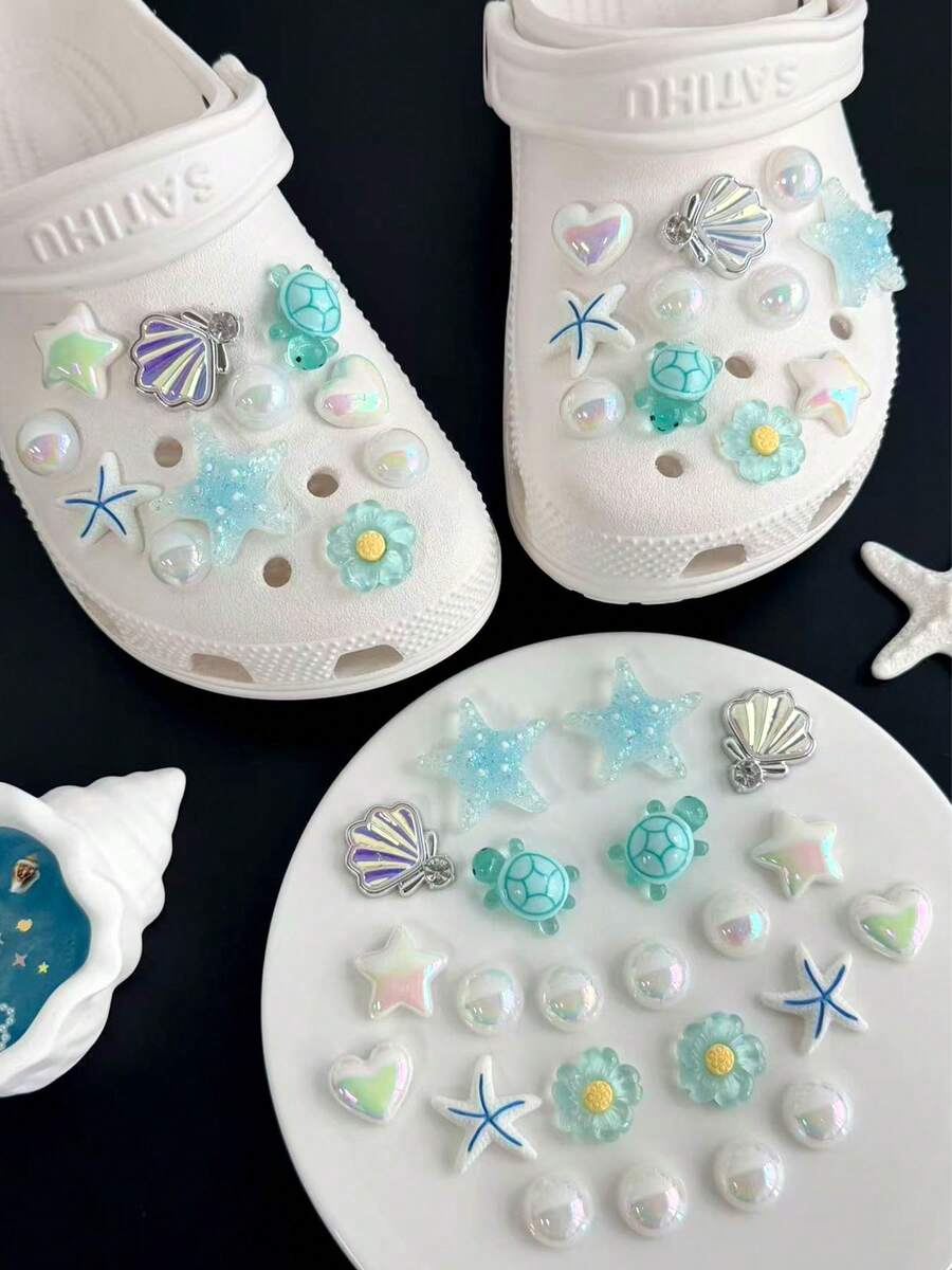 22 chiếc kẹp giày trang trí hình rùa xanh, sao biển xanh DIY, có thể tháo rời cho dép xăng đan, dép lê, giày làm vườn, giày đi biển - Bộ Rùa Xanh - 22 con - Xem 1
