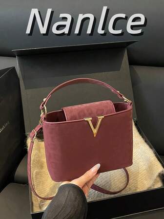 Women's Casual Crossbody Bucket Bag - Solid Color, Handbag, Adjustable Strap Shoulder Bag - Lightweight Design, Suitable For Commuter, Leisure And Dating, Simple Style, Wide Range Of Use,Coffee Brown,Suede Bag,Winter,Fall Essential